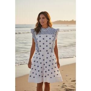 Chloe Sundress Womens 4 36 Small Flower Dot Broderie Anglaise White Blue Ruffle